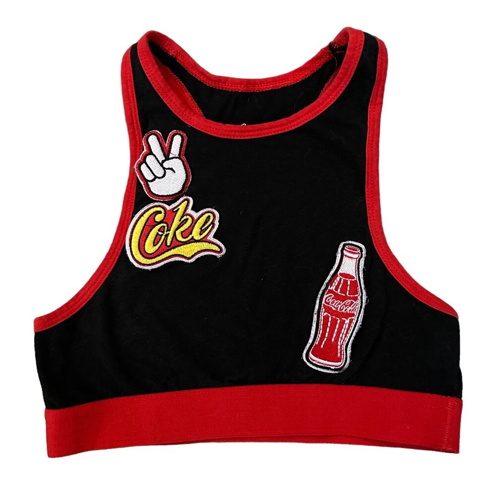 Coca Cola Embroidered Patches 80s Tank Top Small Cropped Racerback Peace Sign